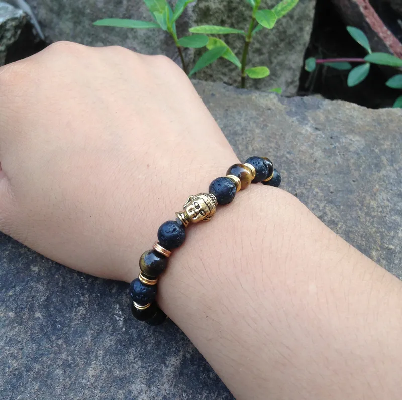 SN0378 haz tu propia pulsera de cuentas Hombre ojo de tigre oro cabeza de buda pulsera lave piedra joyería mala joyería pulseras