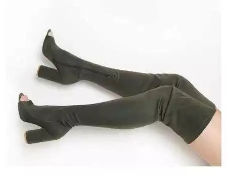 Sexy Open Toe Spandex Lycra Botas de muslo de tacón alto Hollywood Celebrity Fashioin Designer Slingbacks Calcetines de botas largas más tamaño