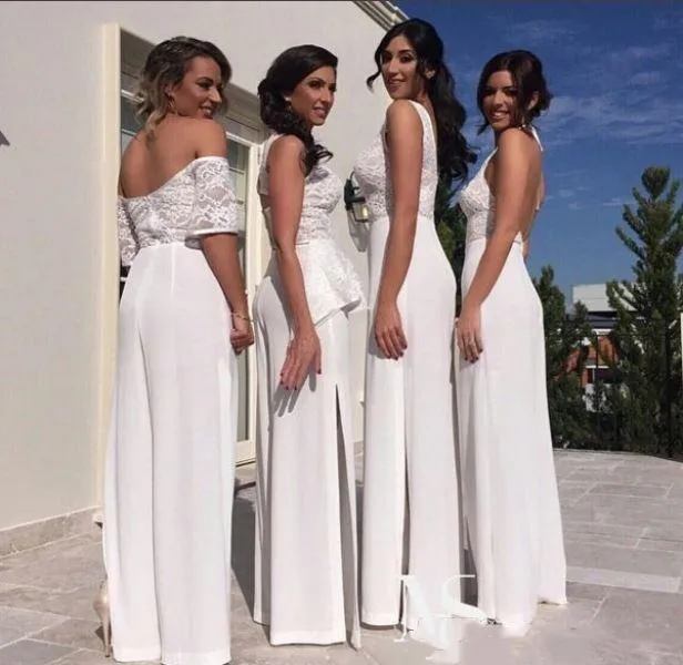 Abiti con pantaloni in pizzo Tuta in chiffon Abiti da damigella d'onore per abiti da sera per la festa nuziale Outfit 4 stili Damigella d'onore con spalle scoperte