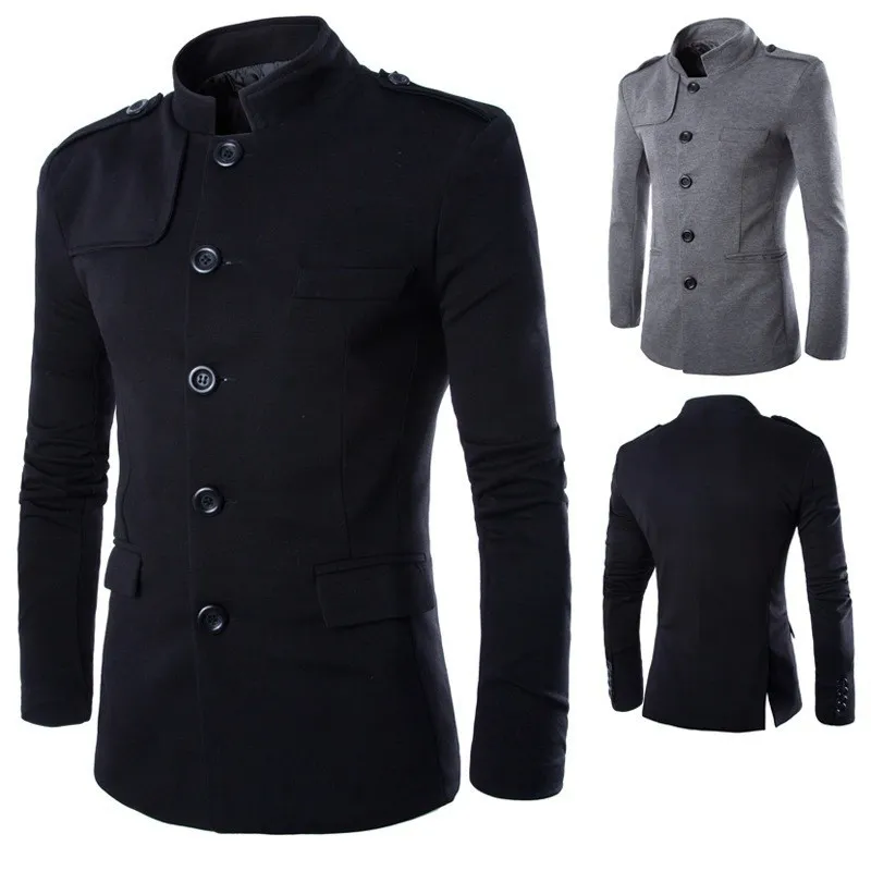 Nouveautés hiver hommes décontracté col montant chinois tunique costume Blazer vestes noir simple boutonnage mince veste et manteau M-2XL311b