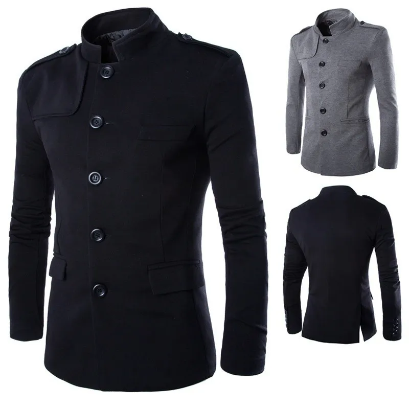 Novas publicações Homens Inverno Casual gola chinesa Túnica Suit Blazer Casacos Preto Individual Breasted Magro Jacket e Brasão M-2XL