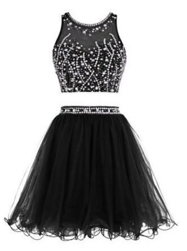 Superbe robe de bal courte deux pièces Noir Violet Tulle Homecoming Habillée Touche de serrure Back Fermeture à glissière Cristaux Robes de fête