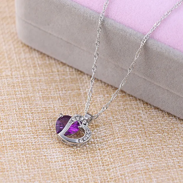 Lovely Heart Charm Necklace Crystal Gemstone Amethyst Pendant Necklace 925 Silver Plated Simple Clavicle Chain Women Gifts
