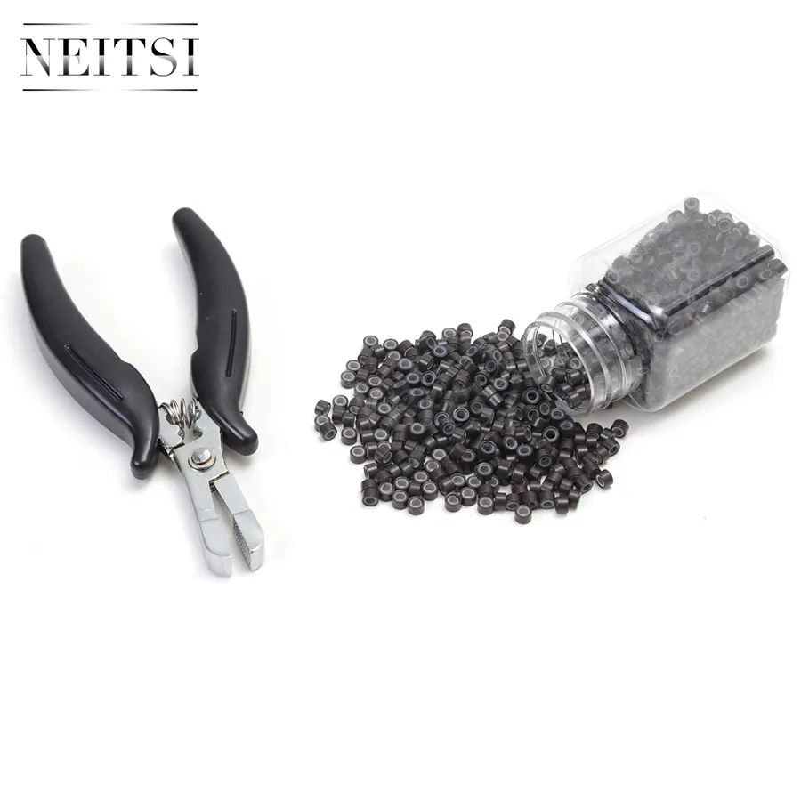 NEITSI Micro Länkar Hårförlängningar 1 st svart färgtång 500st Micro Rings Hair Styling Tools44517693616848