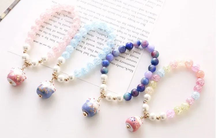 Korea Glass Crystal Powder Crystal Bracelet Colorful Lucky Cat Female Bracelet