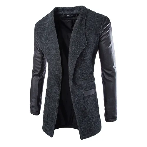 Ücretsiz kargo 2016 Yeni Moda Kore Tarzı erkek Ceket Deri Bez Kol Placket Uzun Ceket Ince Yün Coat Top Satış