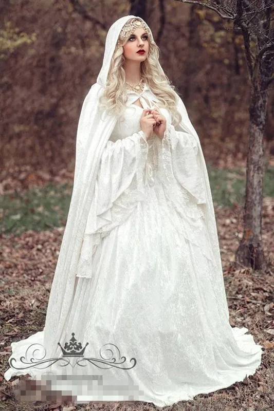 Renaissance Gothic Lace Ball Gown Wedding Dresses With Cloak Plus Size Vintage Bell Long Sleeve Celtic Medieval Princess Bridal Gown