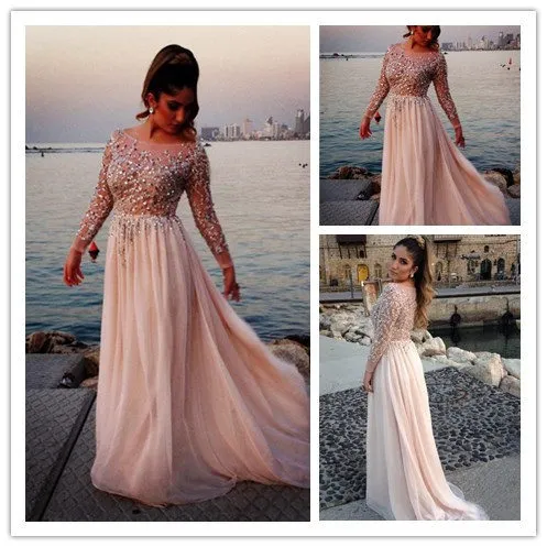 Trend Long Sleeve Aftonklänningar Sequined Pärlor Chiffon Prom Klänningar Vestidos de Festa Formell Party Gown för Graduation Scoop Vestidos