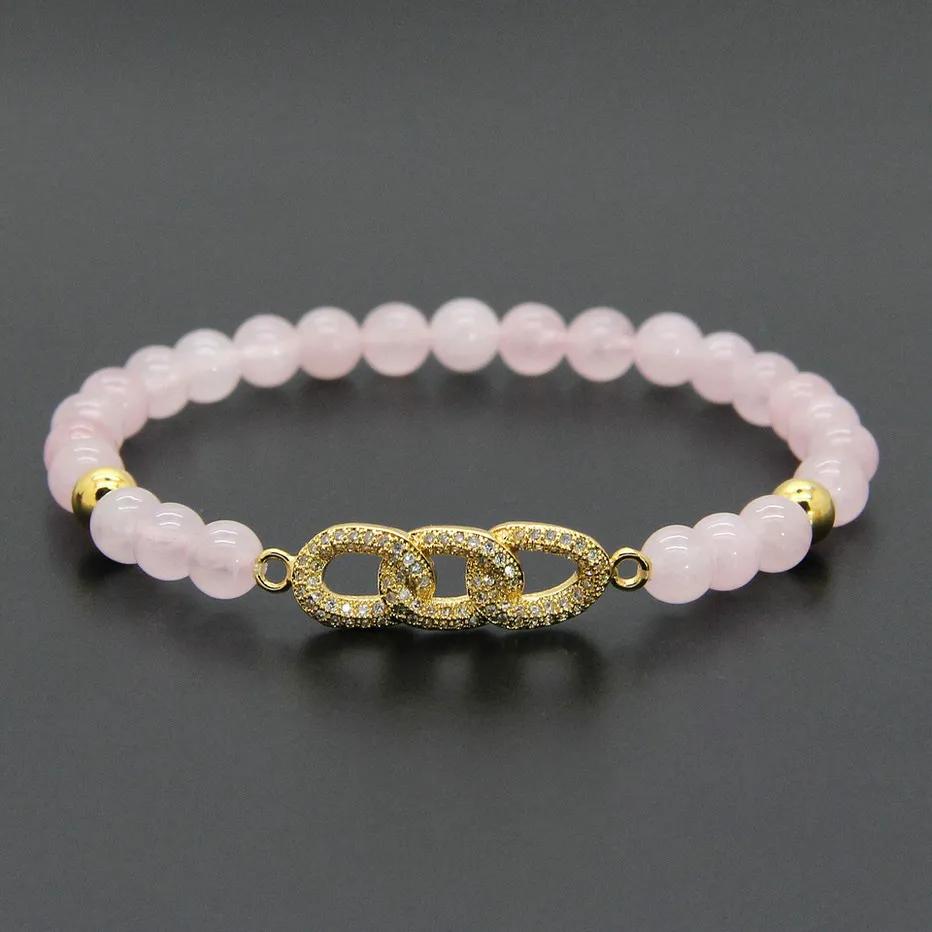 Natural Pink Crystal Stone Pink Aventurine Bracelet For Girls Wholesale 6mm  Micro Pave Zircon CZ Chain Booded Braces Perfect Gift From Rainbowhaiyan,  $31.24