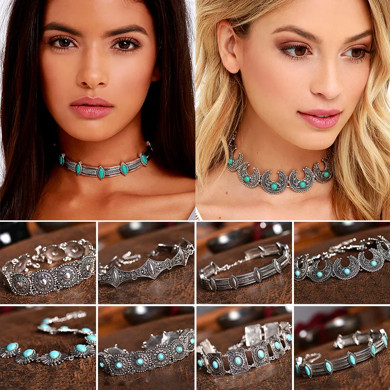 Wholesale-Boho Collar Choker Silver Necklace Statement Jewelry Vintage Ethnic Bohemia Style Turquoise Beads Neck For Women #83377