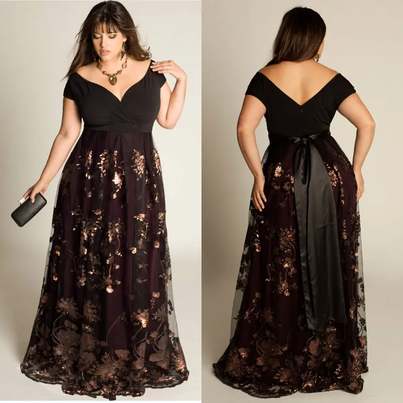 Cheap Plus Size Evening Dresses Sleeves A-Line Off The Shoulder Formal Dress Sequins Appliqued Floor-Length Special Occasion Gowns