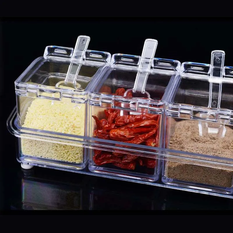 In1 Acrylic Seasoning Box Clear Seasoning Rack Spice Pots Storage Container Condiment Jars Cruet with Cover and Spoon Kitchen essential