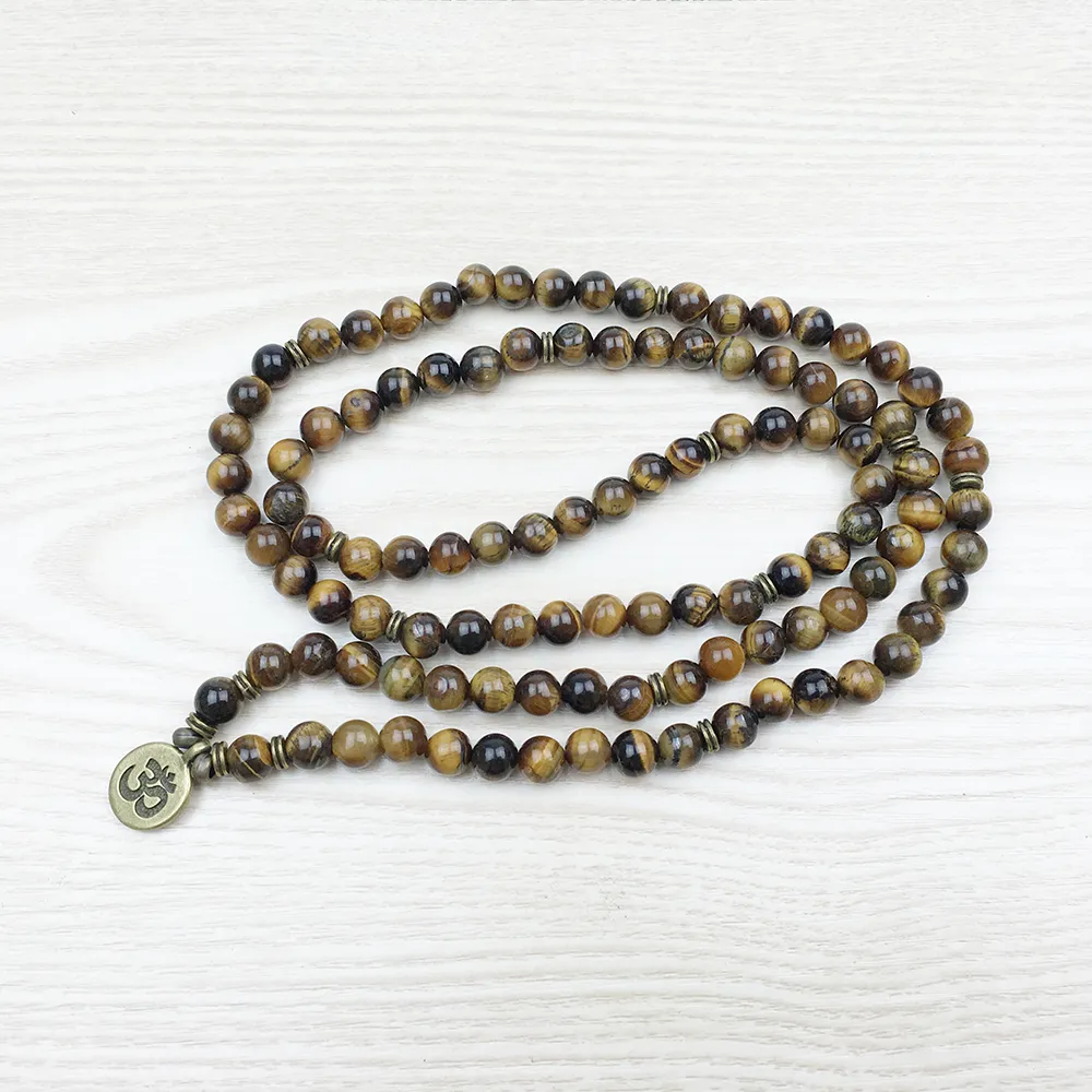 SN1148 Mode Tigerauge 108 Mala Armband Om Buddha Armband oder Halskette Yoga Armband 4 Wrap Naturstein Armband292a