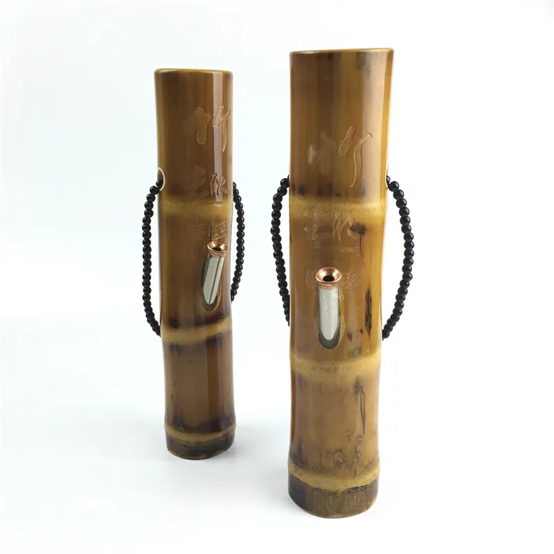 Bongs de água de bambu antigo de 10 polegadas para fumar mini bongos recicladores de tubos de água plataformas de petróleo Bongs de natureza com tubo de metal de alta qualidade