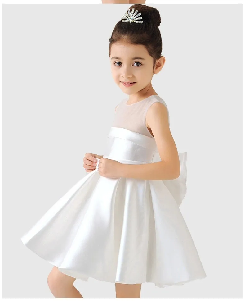 Elegantes Satin-Blumenmädchenkleid mit großer Schleife, Party-Festzug-Kleid für Hochzeit, Geburtstag, Ballkleid für kleine Mädchen, 3 Farben, 2–12 Jahre