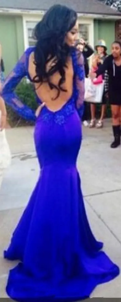 Royal Blue Lace Prom -klänningar Slim Monterade långa ärmar Kvällsklänningar 2019 Sexig backless Mermaid Formal Party Prom Clows Billiga långa 4137390