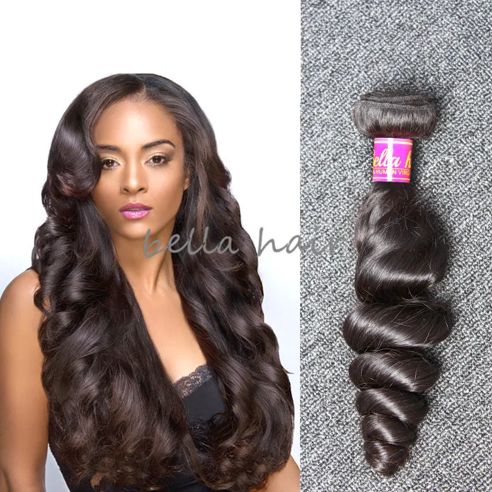 Bella ® Unprocessed Brazilian Virgin Loose Wave Hair Double Weft Natural Black Color Dyeable Wavy Extensions 