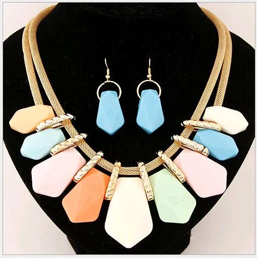 Luxury Chunky Statement Necklace Earring Bib Za Layers European American Candy Color Resin Stone Jewelry Necklaces Sets for Sale