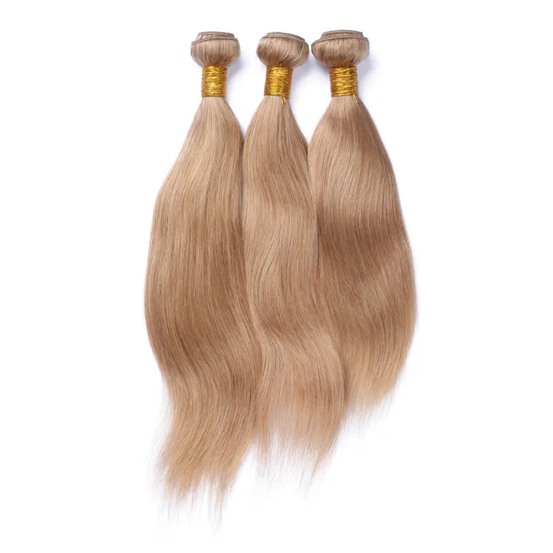 # 27 Honey Blonde Malaisienne Cheveux Humains 3Bundles Avec Fermeture Fraise Blonde Cheveux Tissage Avec Fermeture 4x4 Dentelle Droite Soyeux