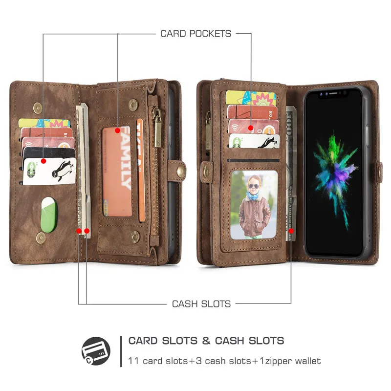 Caseme Fundas de billetera de cuero magnético Bolsa con cremallera dividida Funda con ranura múltiple para iPhone 12 11 Pro XS Max XR 8 7 6 Plus Samsung S21 S20 Ultra Note20