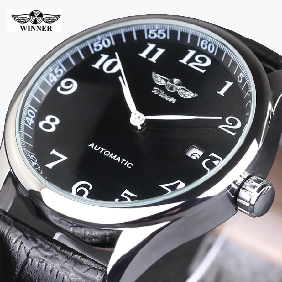 Zegarki Zegarki Classic Mens Auto Date Automatyczny zegarek mechaniczny Samonatrujący Analogowy Szkielet Balck Leather Man Wristwatch