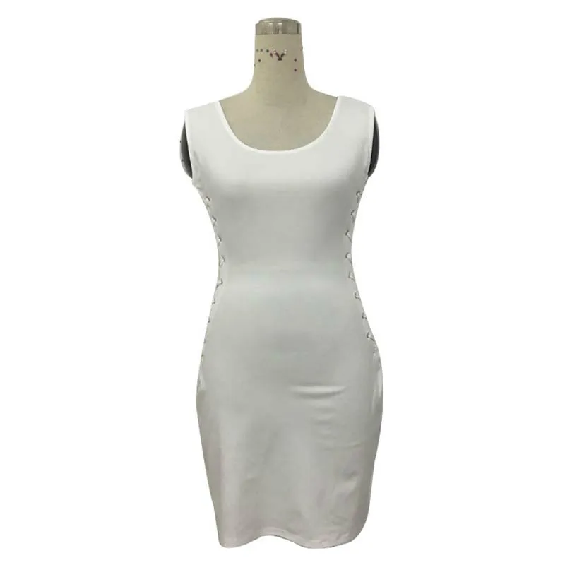 Femmes blanches Mini robe Sexy sans manches moulante côté évider robe à lacets discothèque robe de soirée S-XL