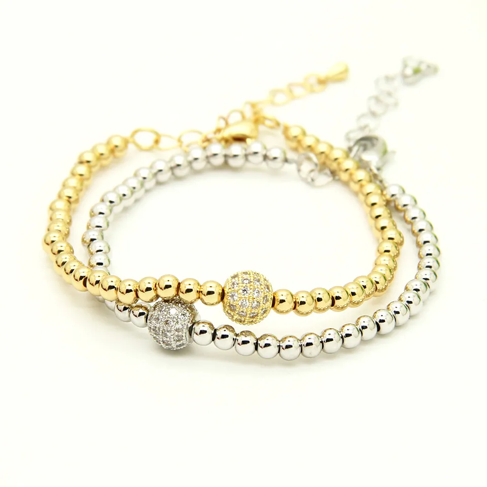 4mm Real Gold and Silver Plated Copper Beads with 8mm Clear Cz Beads Lobster Chain Bracelet Wholesale 