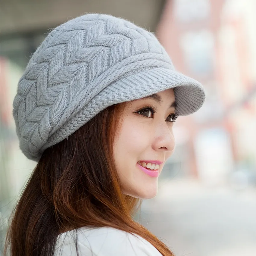 2017 Winter Women Rabbit Fur Knitted Beanies Hats Female Snow Ski Beret Caps With Visor 10pcs/lot