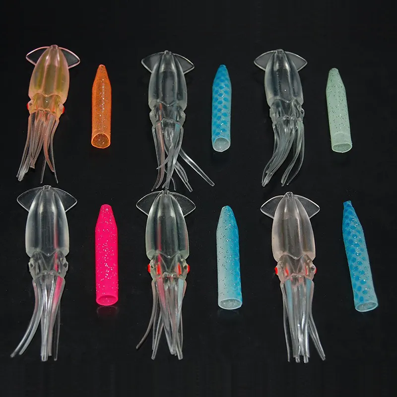 Señuelos de pesca de calamar de plástico blando de 8cm, 15 Uds., para Jigs, juego grande de colores mezclados, faldas de calamar luminosas, cebo de Jigging Artificial