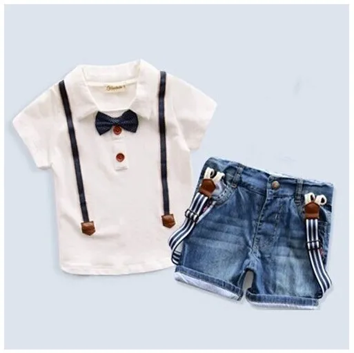 2016 Summer Boy Vêtements Ensemble Garçons Bowknot T-shirt + Denim Jarretelles Pantalons Tenues Enfants Vêtements Grille Outwear Jupe Costume K7643