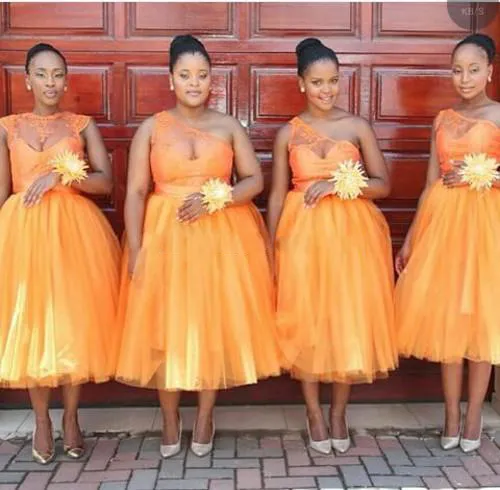 Orange Sheer Neck Plus Size Bridesmaid Dresses 2017 One Shoulder