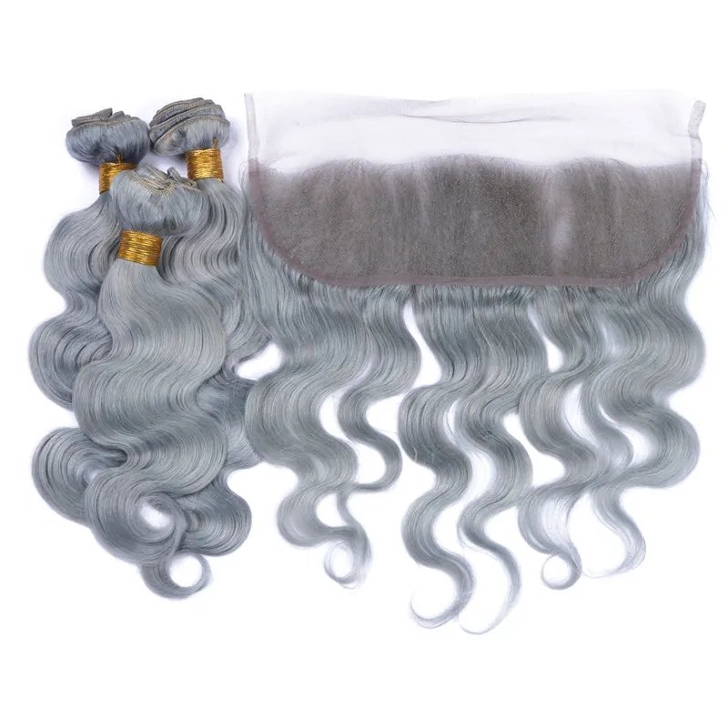 9A Péruvienne Argent Gris Gris Cheveux Humains 3Bordeaux Avec Dentelle Frontale 13x4 Vague De Corps Pure Gris Couleur Vierge Péruvienne Cheveux Avec Frontaux 4Pcs Lot