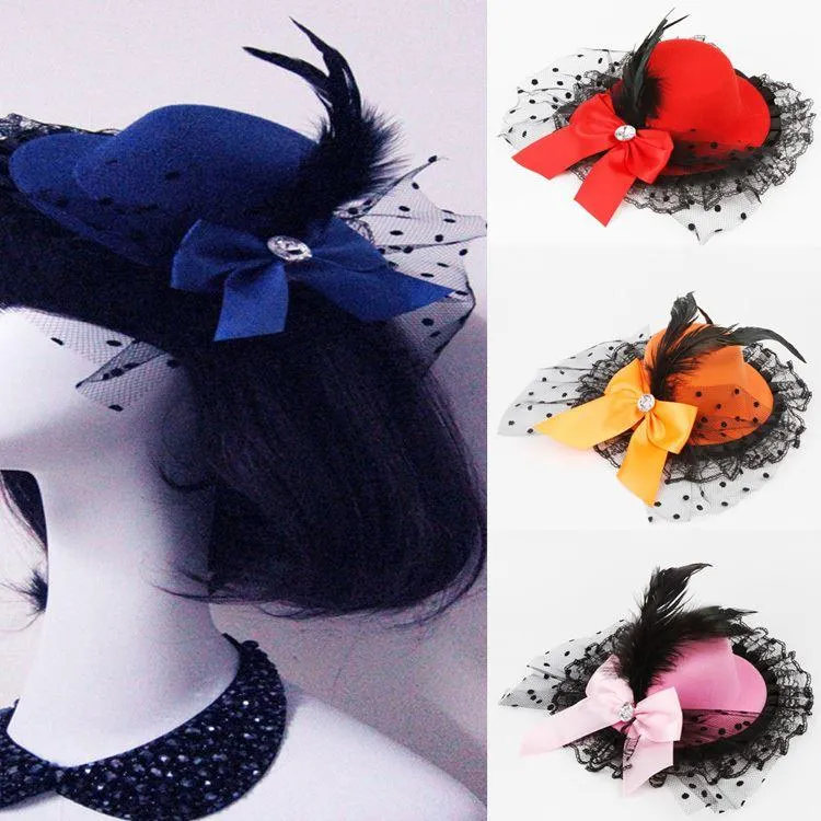 1 stücke Dame Mini Feder Rose Zylinder Kappe Spitze Fascinator Haarspange Kostüm Zubehör 10 Farben Drop Shipping HDR-0125