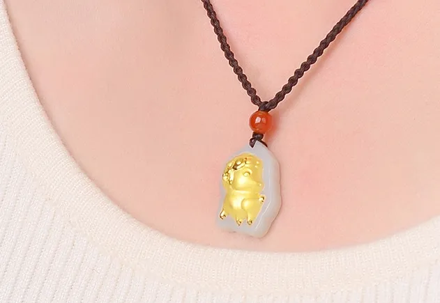 Gold inlaid jade Chinese zodiac sheep cartoon talisman necklace and pendant