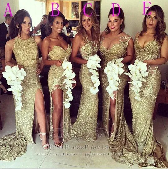 Bling Sexy Gold Sequins Bridesmaid Halter Neck Illusion Back High Split Evening Dresses Appliques Long Maid Of Honor Gowns