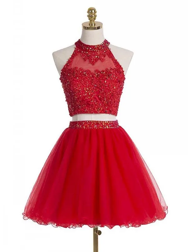 Two Pieces Short Prom Dresses High Neck Sleeveless Red Tulle Beaded Lace Appliques Cut Out Back Formal Homecoming Party Dresses