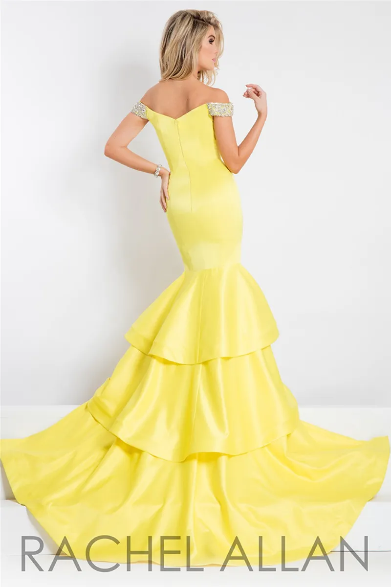 Rachel Allan Mermaid Prom Dresses Off Shoulder Neckline Split Evening Gowns Full Length Beads Light Yellow Prom Gowns