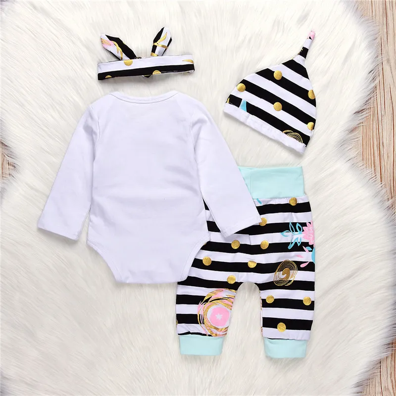 Nouvelle Arrivée Bébé Filles Vêtements Ensemble Petite Soeur À Manches Longues Barboteuse + Pantalon Rayé + Chapeau + Bandeau Filles Ensemble Nouveau-Né Bébé Vêtements