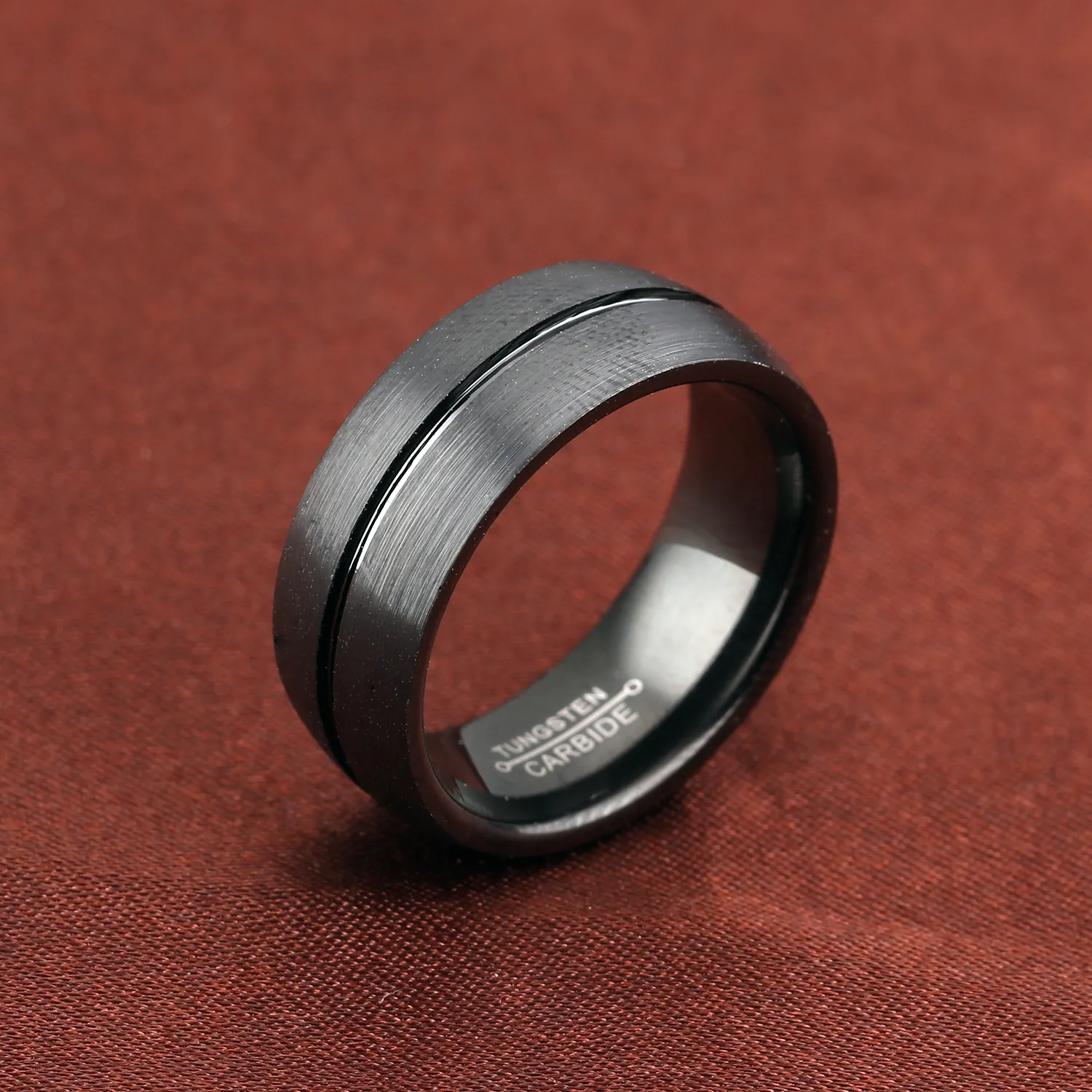 Moda dos homens negros 8mm clássico plana plana escovado centro tungstênio anel de aço ranhurado banda de noivado de casamento para homens tamanho 8-11