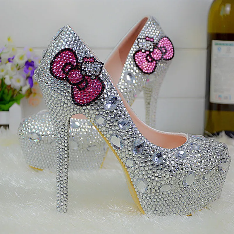 Kitty Silver Rhinestone Bridal Wedding Shoes Graudation Party Prom High Heel Shoes Formal Dress Pumps Plus Size 45