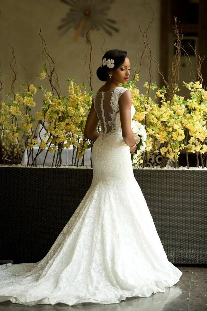 Amazing African Style Lace Wedding Dresses 2016 Sheer Neck Back Covered Buttons Bridal Gowns Plus Size Sweep Train Newest Wedding Dresses