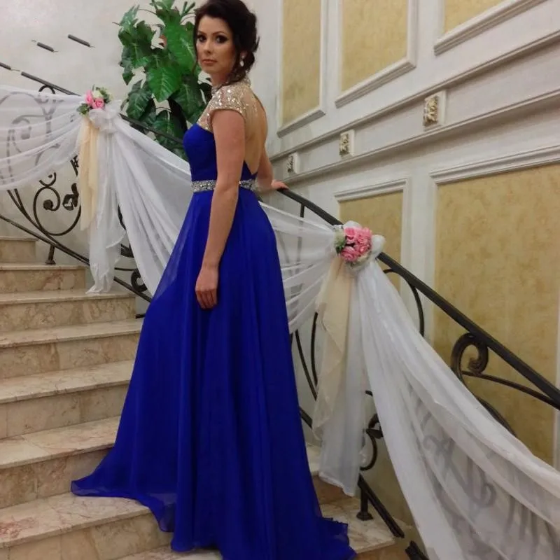 Sparkly Beaded High Neck Mother of Bride Dresses 2017 Cap Sleeve Royal Blue Chiffon En linje Elegant Moders Klänningar För Bröllop Formellt Slitage