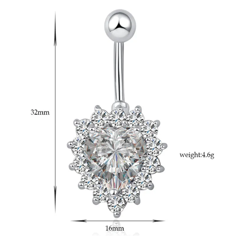 High End 18K White Gold Plated Shiny Big Red/White Cubic Zircon Heart Belly Ring Body Piercing Button Ring for Girls Womenn