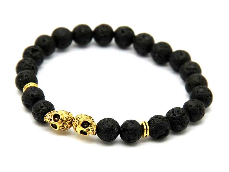 New Products Wholesale Christmas Gift 8MM Lava stone Beads Gold & Silver Skull Yoga Bracelets Party Gift