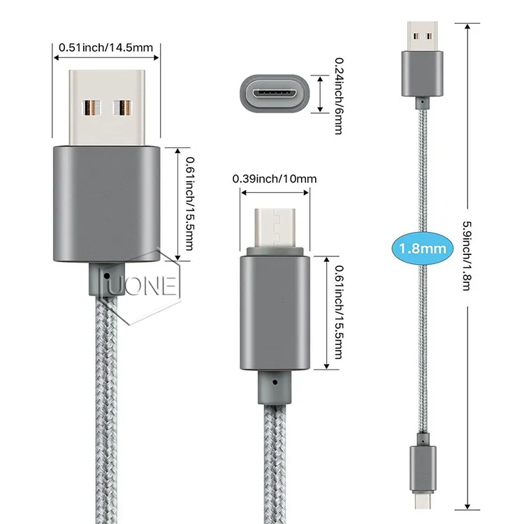 USB Type C Cable Metal Housing Braided Durable Tinning High Speed Charger Micro for Android Devices