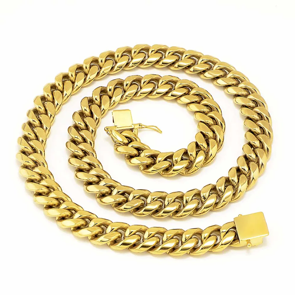 Stainless Steel Jewelry Set 18K Gold Plated High Quality Cuban Link Necklace & Bracelet For Mens Curb Choker Chain 1.5cm 8.5"/18"/20"/22"/24"/28"/30"/34"