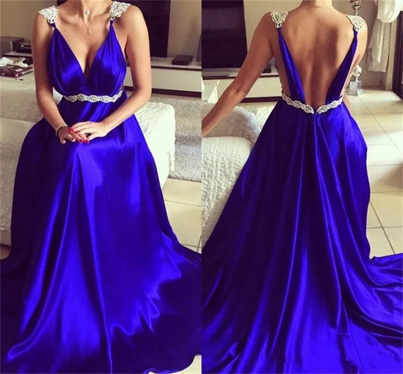 Elegant Royal Blue Evening Gowns 2017 Deep V Neck Spaghetti Straps A Line Prom Dresses Chiffon Floor Length Formal Party Dresses