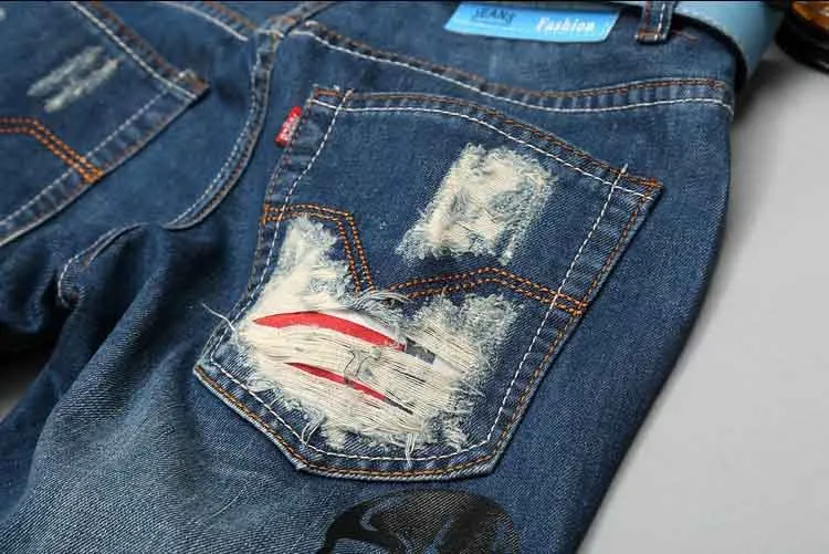 Bikermoto jeans heren korte broek mannelijke staight jean broek big boy blauwe denim overalls printing knie lengte heren spijkerbroek 247T