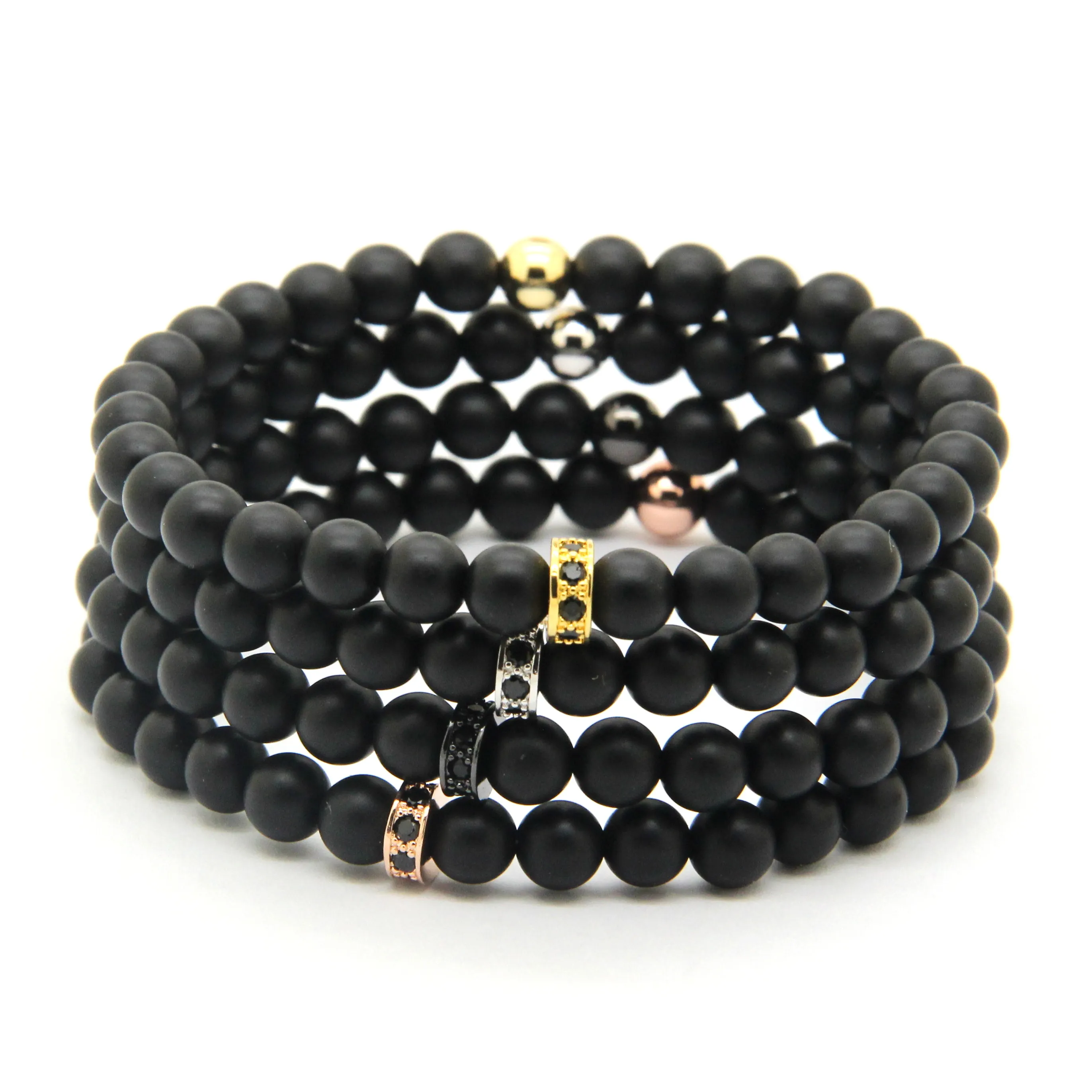 Vente en gros Summer Lady European American Fashion 6mm Matte Agate Stone avec Micro Inlay Black Zircons Spacer Cz Bracelets