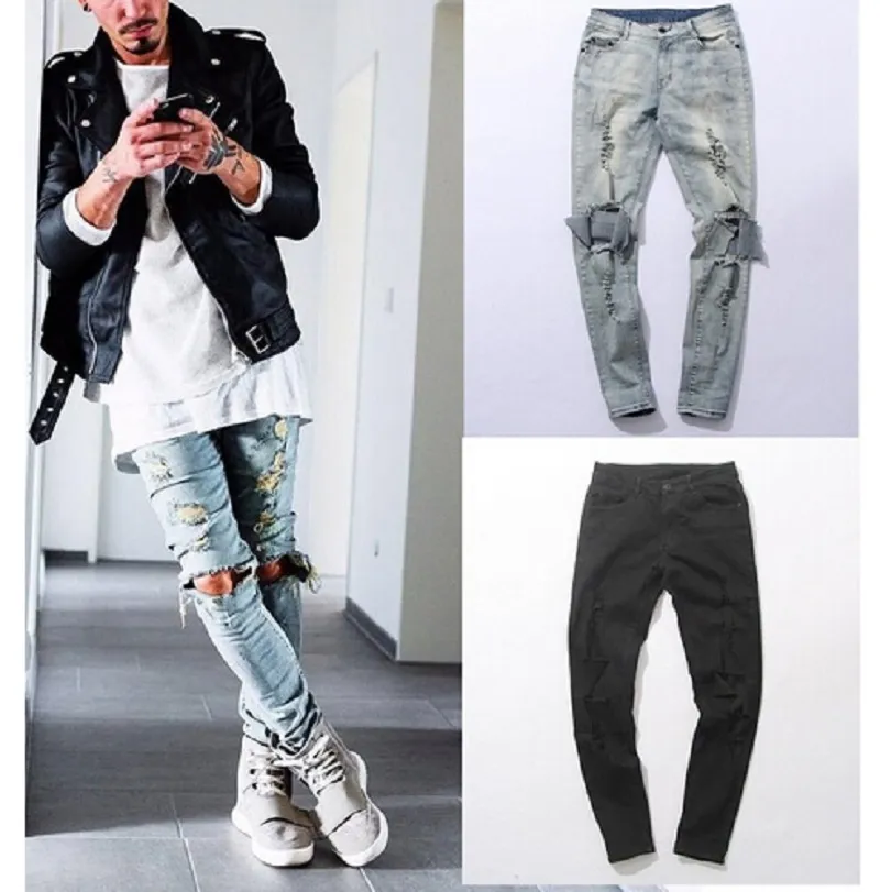 Nieuwe herfst noodlijdende magere gescheurde hiphop jeans heren groot gat op knie swag streetwear kleding vernietigen denim broek